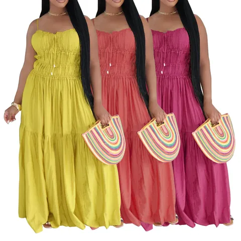 Robe Longue Bohème À Étages Pour Femmes Bretelles Spaghetti Sans Manches Smockée Été Plage Robe Polyester Élasthanne
