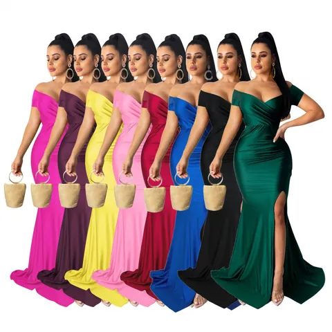 Sexy Off Shoulder V Neck Maxi Dress With High Slit Elegant Evening Party Gown Bodycon Mermaid Dress For Women Nightclub Dress