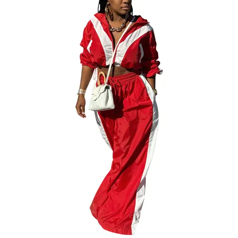 Damen Casual Sportlich Trainingsanzug-Set Farbblock Patchwork Kapuzenjacke Mit Reißverschluss Und Weite Hose Top And Bottom Streetwear