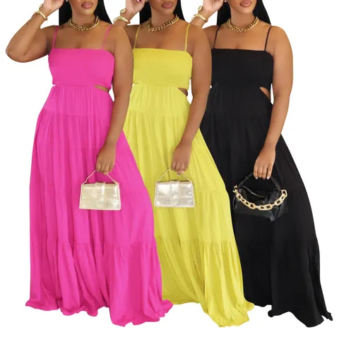 Femmes Polyester Élasthanne Bohème Robe Maxi à Étages Sans Manches Découpe Latérale Couleur Unie Été Vacances Robe