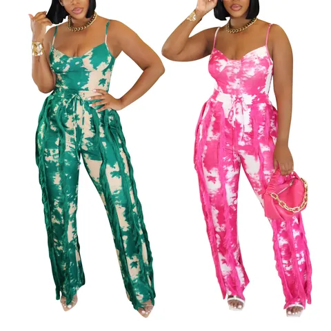 Women Tie Dye Print Fringe Two Piece Set Summer Sleeveless Cami Top And Wide Leg Pants Set Boho Vacation Beachwear Outfits