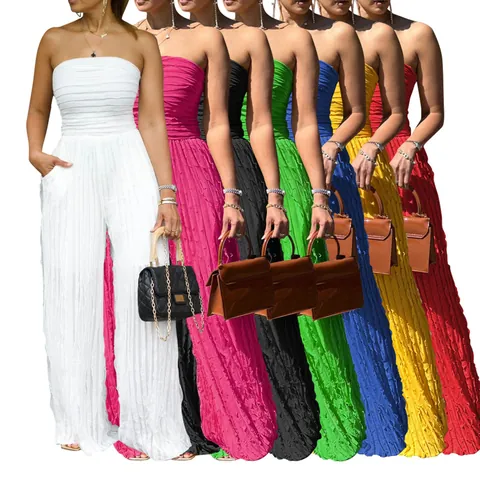 Women Strapless High Waist Wide Leg Jumpsuit Pleated Sleeveless Romper Summer Vacation Party Casual Wear Polyester Spandex