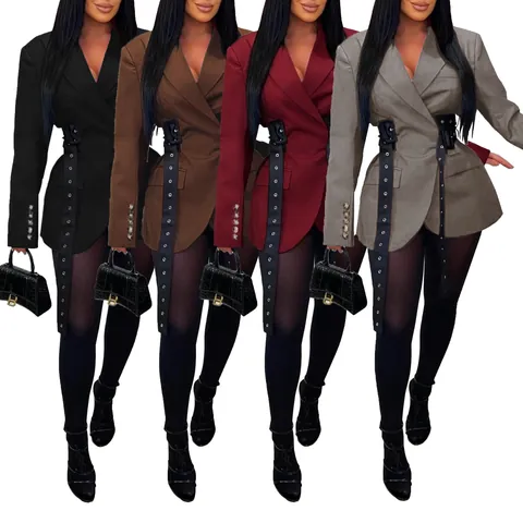 Women Elegant Side Tie Blazer Jacket Long Sleeve Notched Lapel Slim Fit Office Wear Splicing Suit Coat With Eyelet Belt