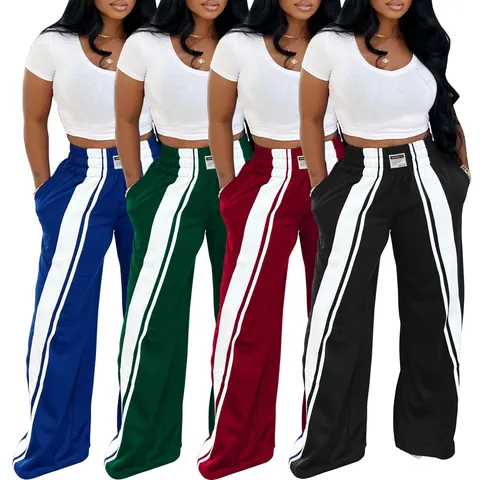 Pantalon Large à Taille Haute pour Femmes Patchwork Décontracté Bande Latérale Ample Bas Sportif