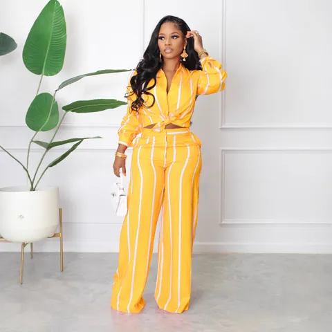 Women Top And Bottom Polyester Spandex Striped Print Long Sleeve Button Shirt Wide Leg Pants Elegant Commuter Fashion Clothing