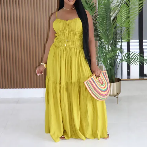 Robe Longue Bohème À Étages Pour Femmes Bretelles Spaghetti Sans Manches Smockée Été Plage Robe Polyester Élasthanne