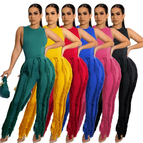 Dames Mouwloos Top En Kwastjes Broek Top And Bottom Effen Kleur Outfits Zomer Streetwear Party Club Kleding