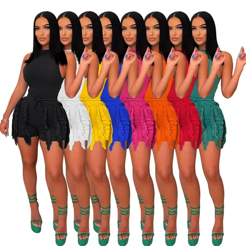 Ensemble Top Et Bas Sans Manches Pour Femmes Avec Gland Frange Couleur Unie Deux Pièces Costume D'Été Décontracté Pour Vacances Fête