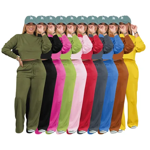 Women Casual Sweatshirt Top And Bottom Thickened Round Neck Long Sleeve Pullover And Drawstring Wide Leg Pants Sportswear