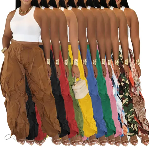 Pantalon Large Plissé Décontracté pour Femme Taille Haute Cordon de Serrage Patchwork à Volants Pantalon Ample Uni Camouflage Mode