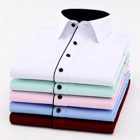 Heren Zakelijk Casual Overhemd Lange Mouw Katoenmix Strijkvrij Slim Fit Overhemd Voor Kantoorwerk Contrastrand Effen Keper Hemd