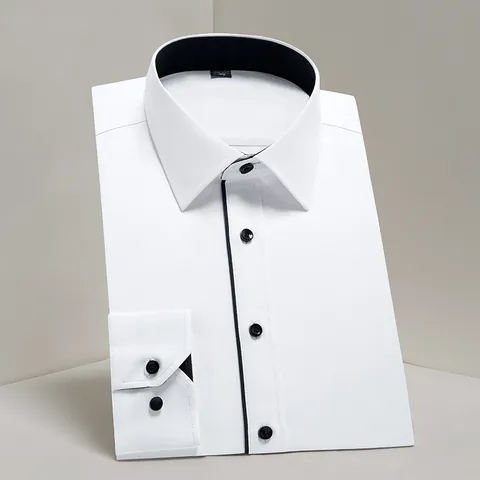 Heren Zakelijk Casual Overhemd Lange Mouw Katoenmix Strijkvrij Slim Fit Overhemd Voor Kantoorwerk Contrastrand Effen Keper Hemd