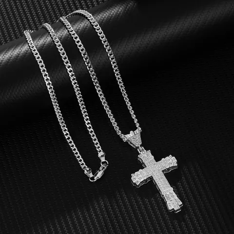 Hip Hop Iced Out Hollow Cross Pendant Necklace For Men Retro Rhinestone Inlaid Gold Silver Plated Plastic Resin Jewelry Gift