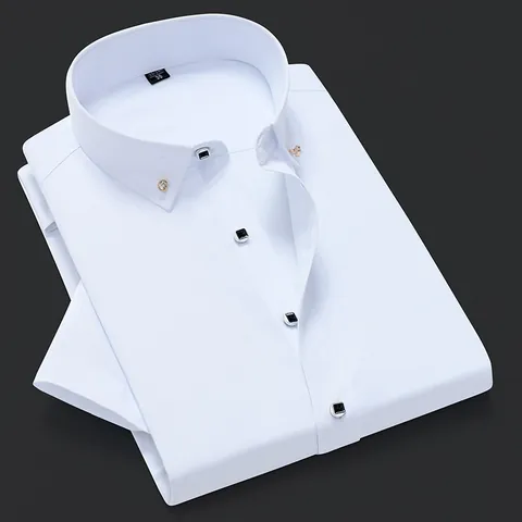 Camisa de Negocios de Manga Corta para Hombre Corte Ajustado Color Sólido Mezcla de Poliéster y Algodón con Detalle de Botones de Cristal Top