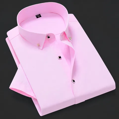Camisa de Negocios de Manga Corta para Hombre Corte Ajustado Color Sólido Mezcla de Poliéster y Algodón con Detalle de Botones de Cristal Top