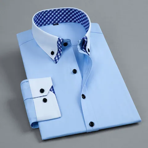 Men's Fashion Slim Fit Long Sleeve Shirt Double Layer Collar Plaid Contrast Button Down Business Casual Cotton Blend Top