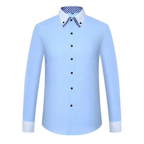 Men's Fashion Slim Fit Long Sleeve Shirt Double Layer Collar Plaid Contrast Button Down Business Casual Cotton Blend Top