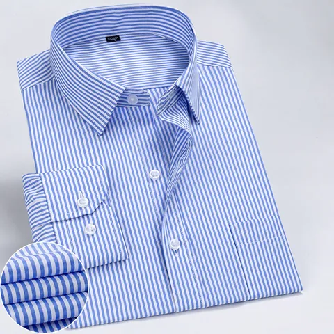 Camisa de Rayas para Hombre Negocios Casual Manga Larga Transpirable Mezcla Algodón Poliéster Camisa para Oficina Trabajo Top Ajustado