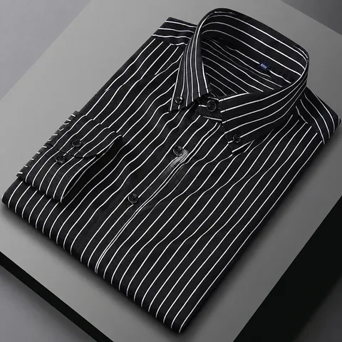 Camisa de Manga Larga a Rayas Casual de Negocios para Hombre Sin Plancha Elástica Slim Fit Camisa de Vestir Top para Primavera Otoño