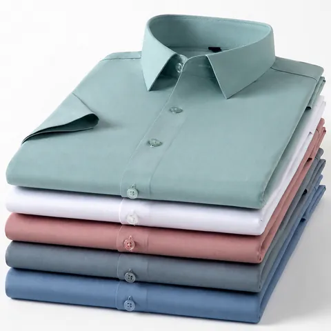 High-End Men Business Casual Mulberry Silk Blend Short Sleeve Shirt Non-Iron Stretch Cool Drape Button Down Top