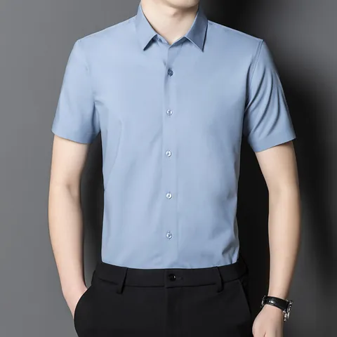 High-End Men Business Casual Mulberry Silk Blend Short Sleeve Shirt Non-Iron Stretch Cool Drape Button Down Top