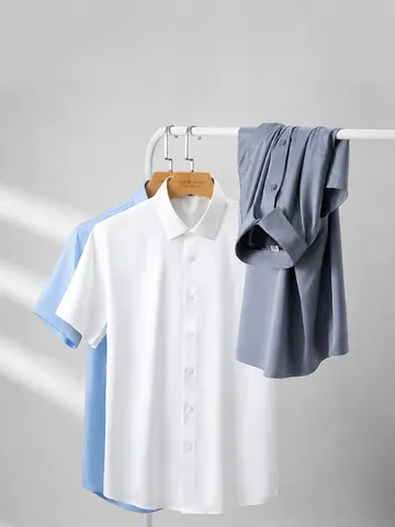 Men Business Casual Short Sleeve Shirt Non-Iron Elastic Breathable Mercerized Solid Color Slim Fit Square Collar Top