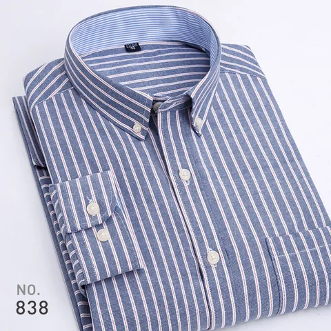 Camisa Oxford Casual para Hombre Estilo Coreano Ajustada de Manga Larga a Rayas con Botones Mezcla de Algodón Sin Planchado
