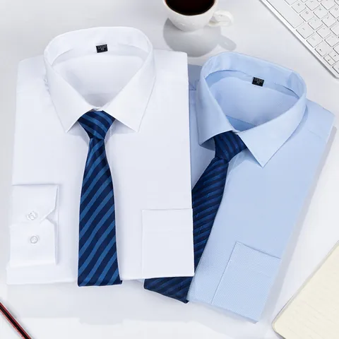 Men Business Formal Long Sleeve Dress Shirt Easy Care Solid Color Cotton Blend Button Down Shirt For Office Work Interview