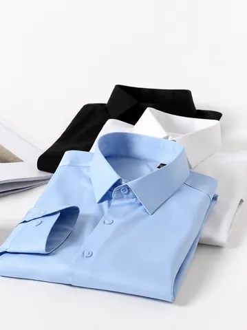 Camisa de Fibra de Bambú de Manga Larga Casual de Negocios para Hombre Alta Elasticidad Sin Planchado Color Sólido Camisa de Vestir