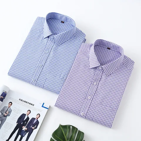 Camisa de Manga Larga Casual de Negocios para Hombre Mezcla de Algodón Rayas Cuadros Sin Planchado Camisa de Vestir Regular Fit