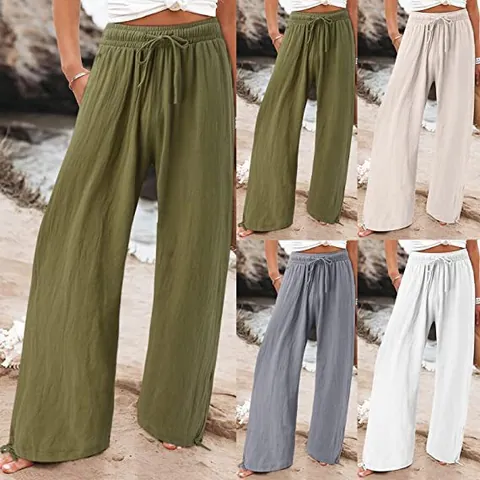 Dames Hoge Taille Wijde Pijpen Broek Zomer Casual Trekkoord Effen Kleur Ademende Broek Strandkleding Onderkant