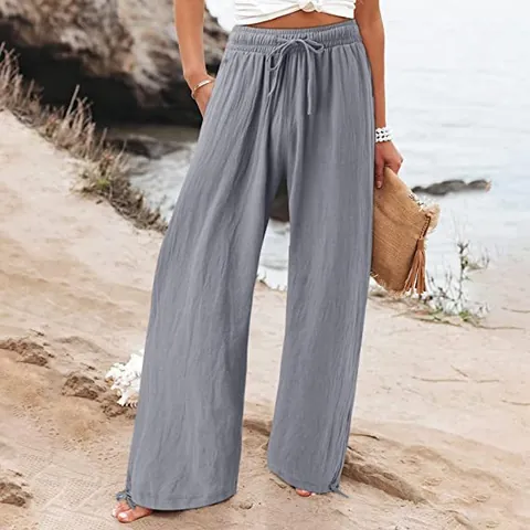Dames Hoge Taille Wijde Pijpen Broek Zomer Casual Trekkoord Effen Kleur Ademende Broek Strandkleding Onderkant