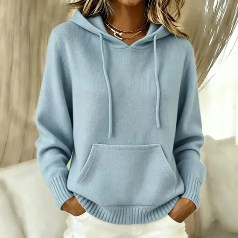 Damen Casual Gestrickt Kapuzenpullover Sweatshirt Langarm Pullover Mit Kängurutasche Einfarbig Locker Herbst Winter Top