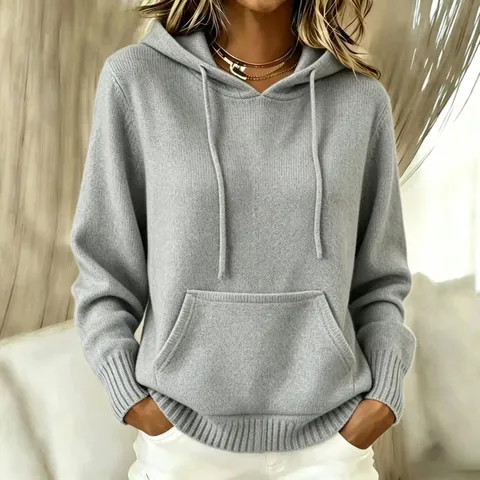 Damen Casual Gestrickt Kapuzenpullover Sweatshirt Langarm Pullover Mit Kängurutasche Einfarbig Locker Herbst Winter Top
