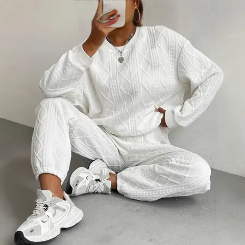 Women Casual Polyester Top And Bottom Set Long Sleeve Round Neck Cable Knit Jacquard Texture Loose Fashion Streetwear Outfits