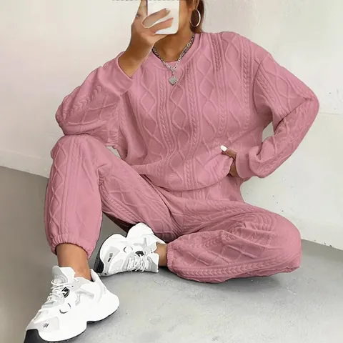 Women Casual Polyester Top And Bottom Set Long Sleeve Round Neck Cable Knit Jacquard Texture Loose Fashion Streetwear Outfits