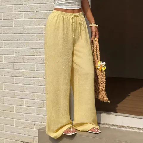 Women's Casual Polyester Blend Wide Leg Pants Summer Thin Breathable High Waist Drawstring Solid Color Loose Trousers For Vacation
