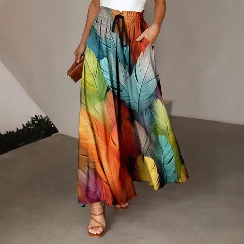 Bohemian Feather Print Wide Leg Pants For Women High Waisted Pleated Elastic Waist Loose Summer Casual Bottom