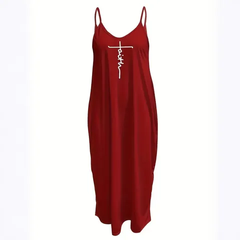 Women's Summer Sleeveless Maxi Dress Artistic Faith Cross Letter Print V-Neck Loose Casual Elegant Spaghetti Strap Long Dress