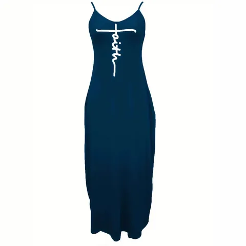 Women's Summer Sleeveless Maxi Dress Artistic Faith Cross Letter Print V-Neck Loose Casual Elegant Spaghetti Strap Long Dress
