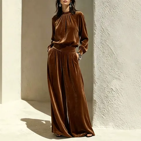 Dames Retro Gouden Fluweel Pak Set Getailleerd Lange Mouw Top En Soepelvallende Wijde Broek Casual Effen Kleur Set