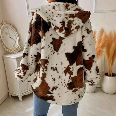 Women Cow Print Faux Fur Hooded Jacket Plush Polyester Button Front Loose Fit Casual Autumn Winter Fashion Warm Outerwear Top