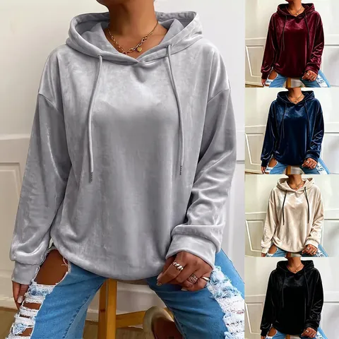 Sudadera con Capucha de Terciopelo Color Sólido Holgada para Mujer Top de Terciopelo Casual de Manga Larga