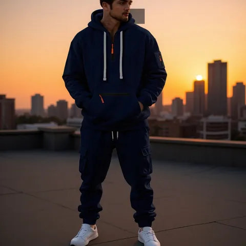 Men Fashion Polyester Hooded Tracksuit Multi Pocket Cargo Set Winter Casual Half Zip Hoodie and Jogger Pants Sportswear