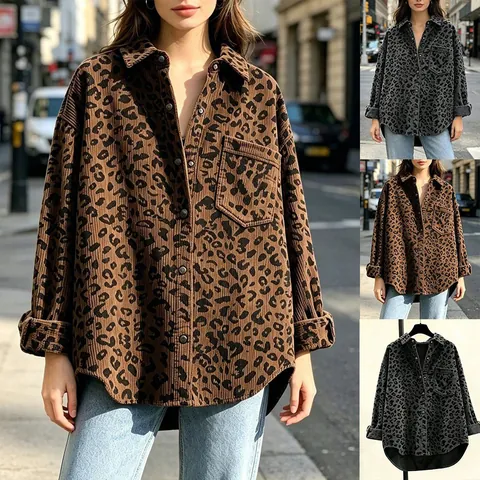 Camicia Giacca da Donna in Velluto a Coste con Stampa Leopardata Vintage Oversize Casual Colletto a Punta Monopetto