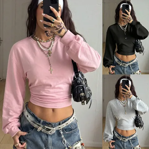 Women Y2K Slim Fit Cropped Sweatshirt Round Neck Long Sleeve Solid Color Polyester Top Sexy Streetwear Casual Basic Spring Autumn