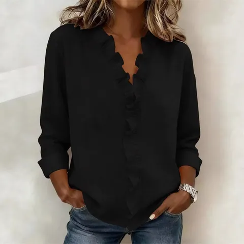 Women V-Neck Ruffle Trim Top Polyester Solid Color Long Sleeve Irregular Hem Casual Elegant Pullover Blouse Shirt For Daily Dating