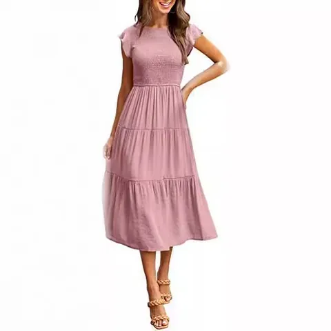 Vestido Largo Escalonado con Punto Smock y Manga de Volante para Mujer Verano Casual Color Sólido Cuello Redondo Vestido Midi con Volantes Estilo Urbano