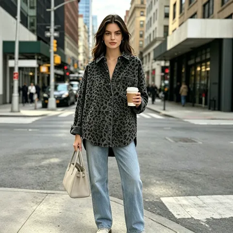 Camicia Giacca da Donna in Velluto a Coste con Stampa Leopardata Vintage Oversize Casual Colletto a Punta Monopetto