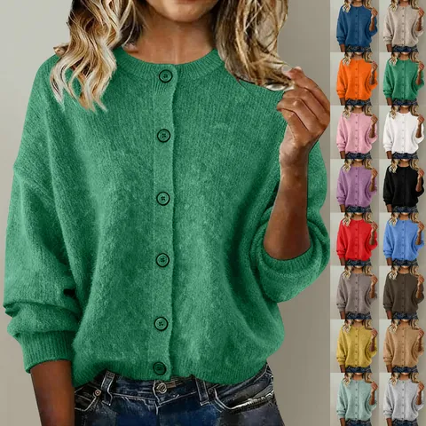 Dames Casual Effen Kleur Geribbelde Vest Trui Enkele Rij Knopen Ronde Hals Lange Mouwen Herfst Winter Top